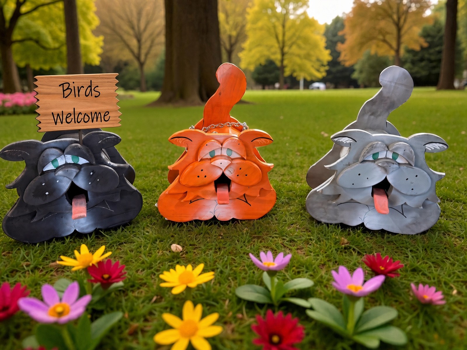 Three handmade cat birdhouses in black, orange, and gray