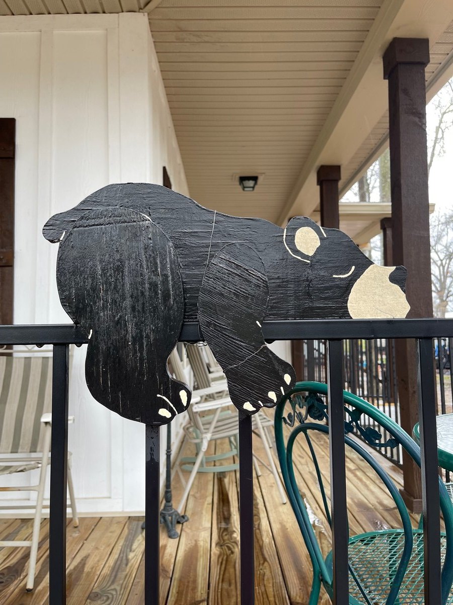 Wooden railing bear draped over a porch rail